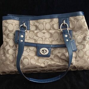 Coach Beige Signature Canvas Shoulder Bag with Blue Leather Trim